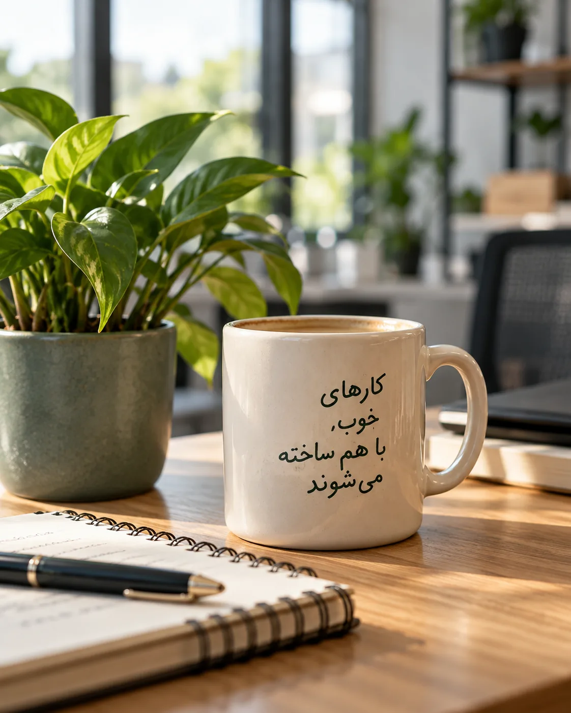 لیوان سفید با نوشتهٔ «کارهای خوب، با هم ساخته می‌شوند» روی میز کار، کنار گیاه و دفتر یادداشت (تصویر مفهومی)