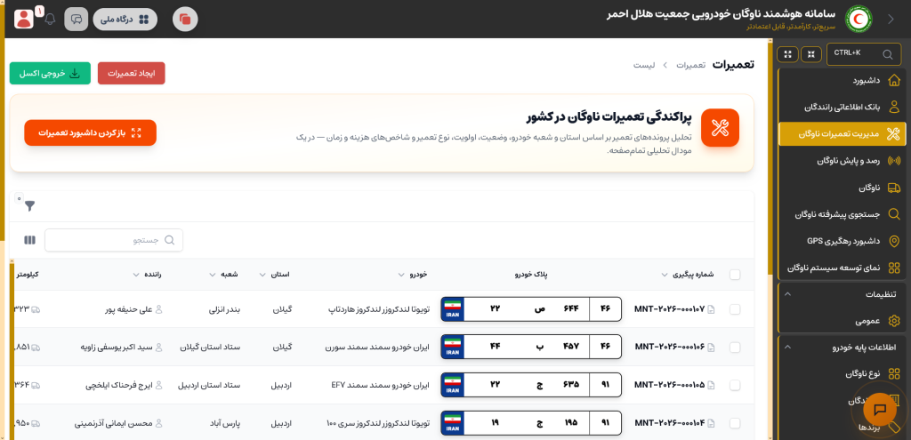 نمای پنل نرم‌افزار ناوگان هوشمند کدسازان، بخش ۱
